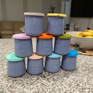 La Fermiére French Glazed Terracotta jars & lids Periwinkle set of 9
